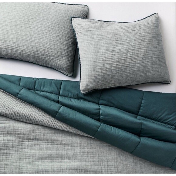 Full/Queen Textured Chambray Cotton Comforter & Sham Set Dark Teal Blue NEW - Picture 3 of 9